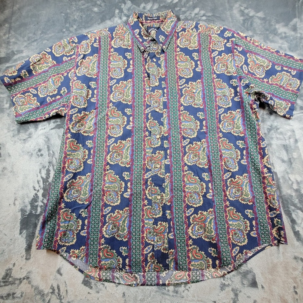 Salty Dog Gant Mens Large Paisley Stripe Button Down Shirt Short Sleeve Blue L